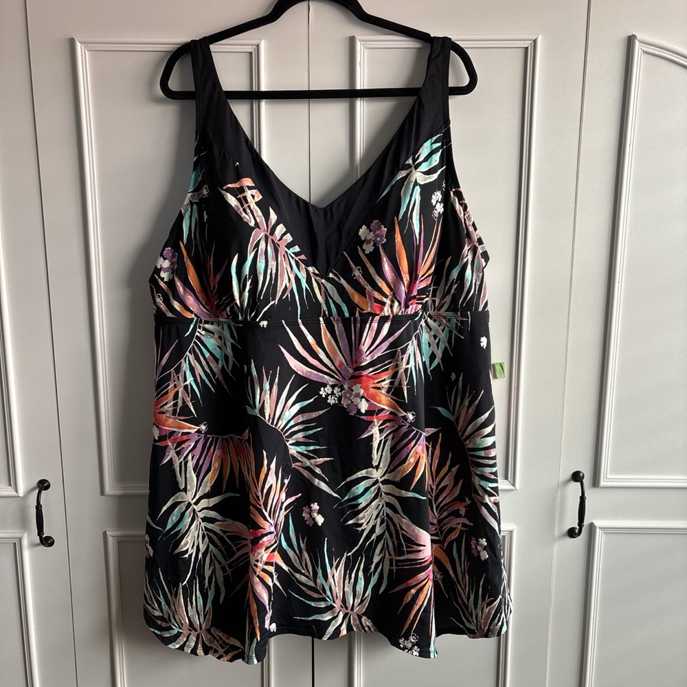 Avenue Black One-Piece Swimdress with Tropical Pink, Orange & Teal Leaf Print